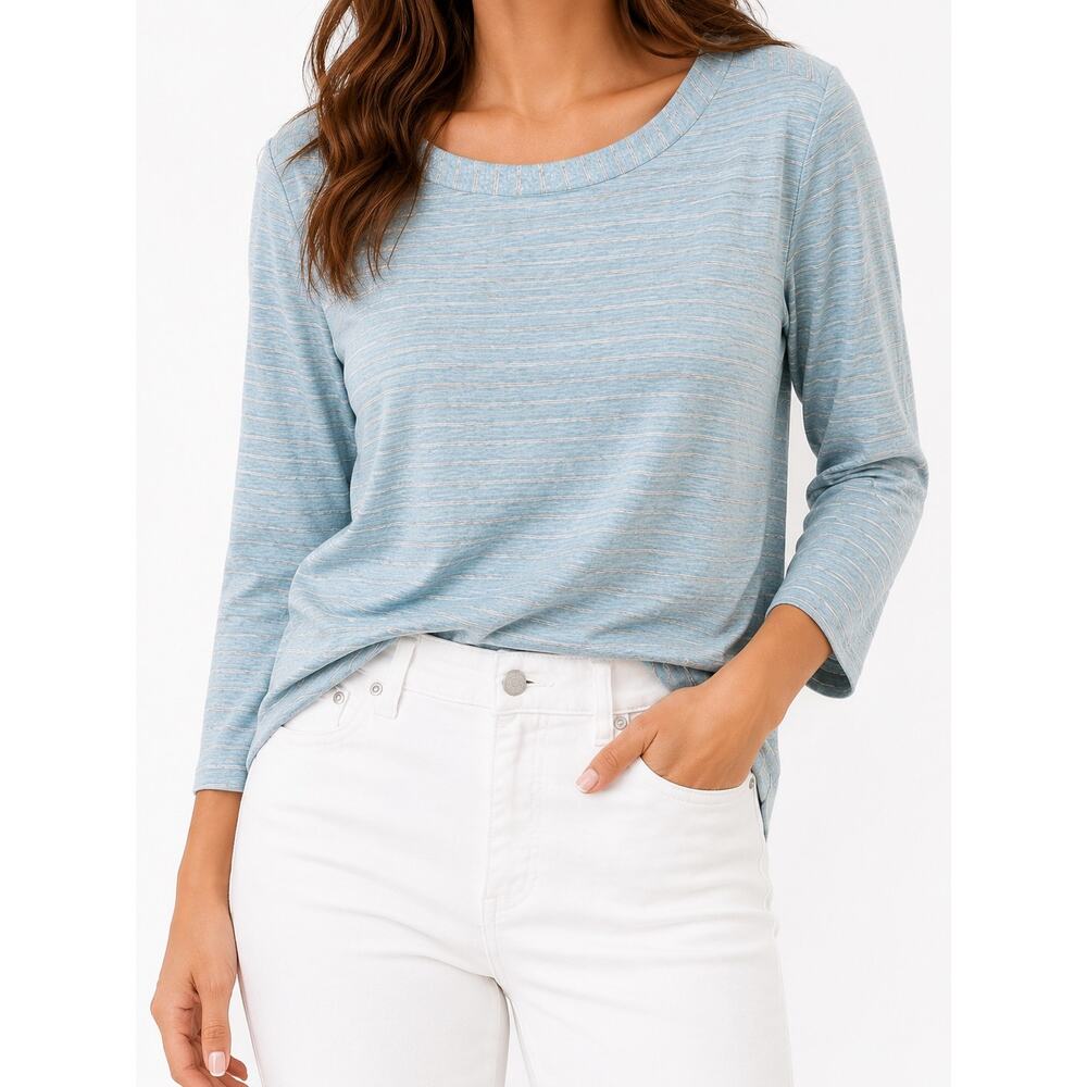 CHICO’S Blue Gray Metallic Stripe Knit Top Boat Neck Shimmer | Size 2 Large